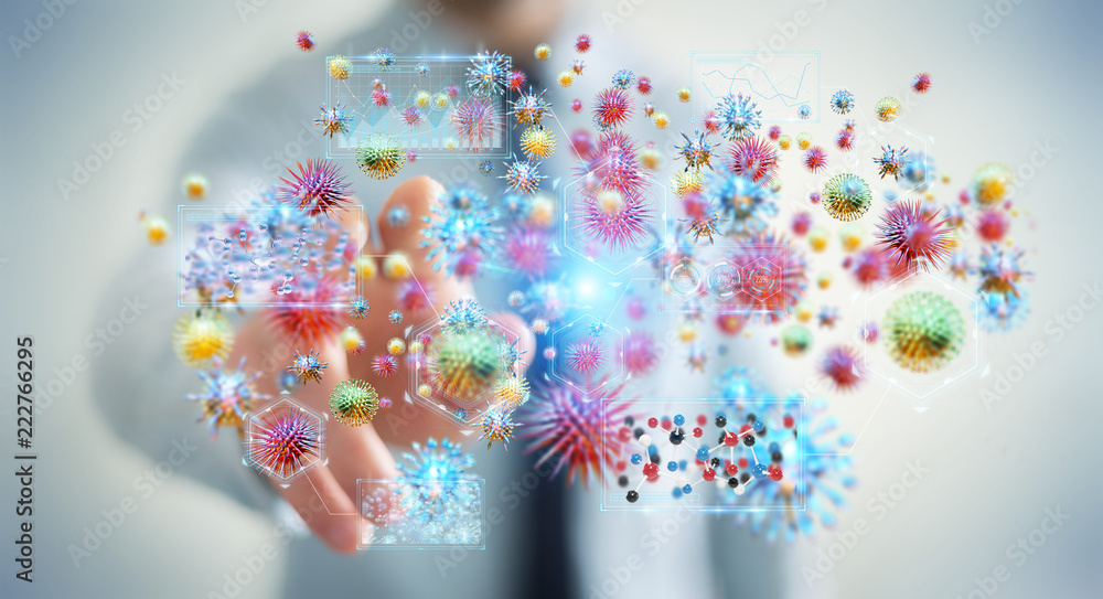 Poster businessman analyzing bacteria microscopic close-up 3d rendering