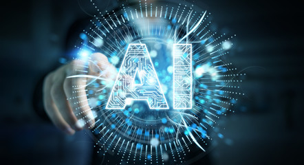 Businessman using digital artificial intelligence icon hologram 3D rendering
