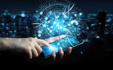 Businessman using digital eye surveillance hologram 3D rendering