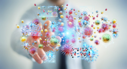 Businessman analyzing bacteria microscopic close-up 3D rendering