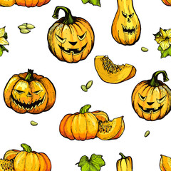 Colorful halloween pumpkin with evil scary smile.