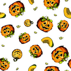 Colorful halloween pumpkin with evil scary smile.