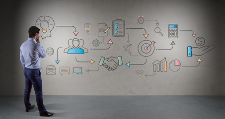 Businessman watching thin line icon project plan presentation