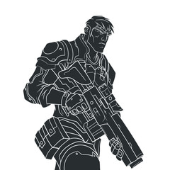 Black contour drawing of a powerful policeman on a white background