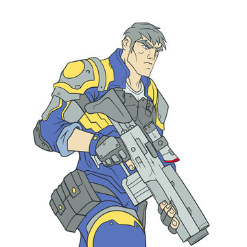 Vector drawing of a serious policeman with an assault rifle