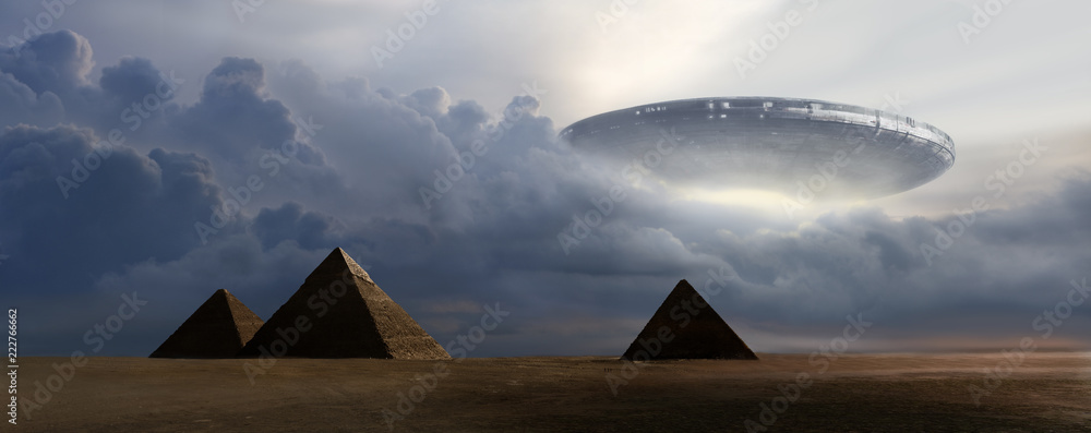 Wall mural flying saucer on pyramids - 3d rendering