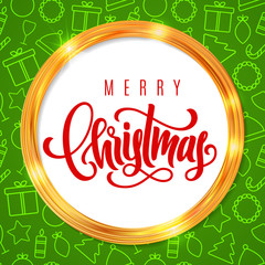 Holiday gift card with hand lettering Merry Christmas and gold frame on green ornamental background. Template for a banner, poster, invitation