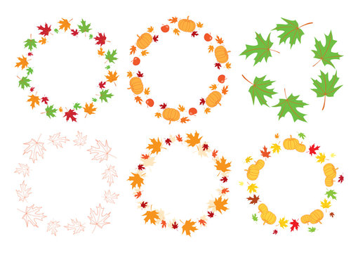 vector round autumn frames with maple leaves and pumpkins and apples