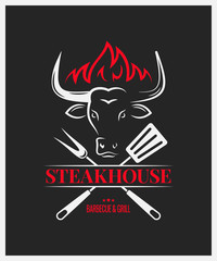 steakhouse logo with bull head on dark background