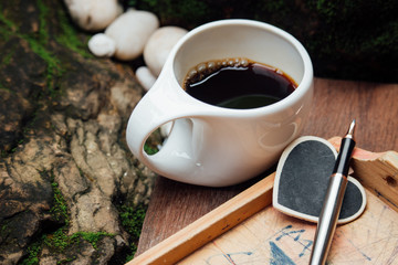 A cup of coffee in a lichen rock garden.