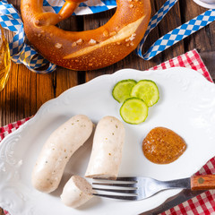 delicious bavarian oktoberfest white sausage with sweet mustard