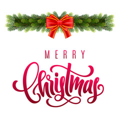 Fototapeta na wymiar Merry Christmas hand lettering on greeting background with a fir tree branches and decorations. Template for a banner, poster, invitation