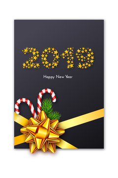 Holiday New Year 2019 gift card with red bow, fir tree branches and candy canes. Template for a banner, poster, invitation