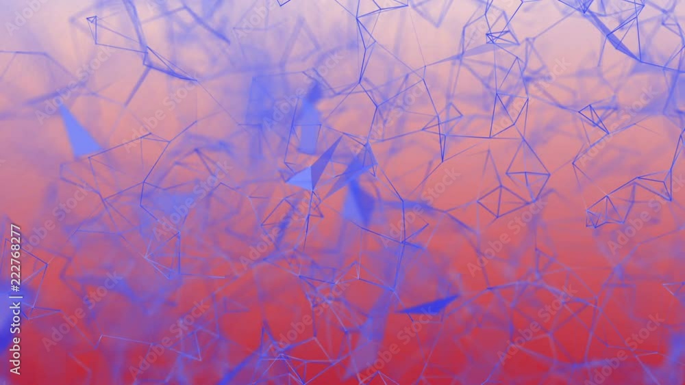 Poster blue triangles and particles move. abstract background 3d rendering. depth of field blur