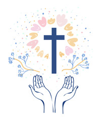 Christianity religion background with hands or prayer and cross, flowers around. Vector graphic illustration