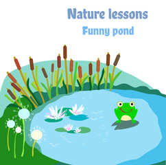 Pond, frog and flowers - illustration for nature ecosystem. Vector graphic