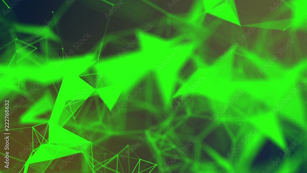Poster green triangles and particles move slowly. abstract background 3d rendering. depth of field blur