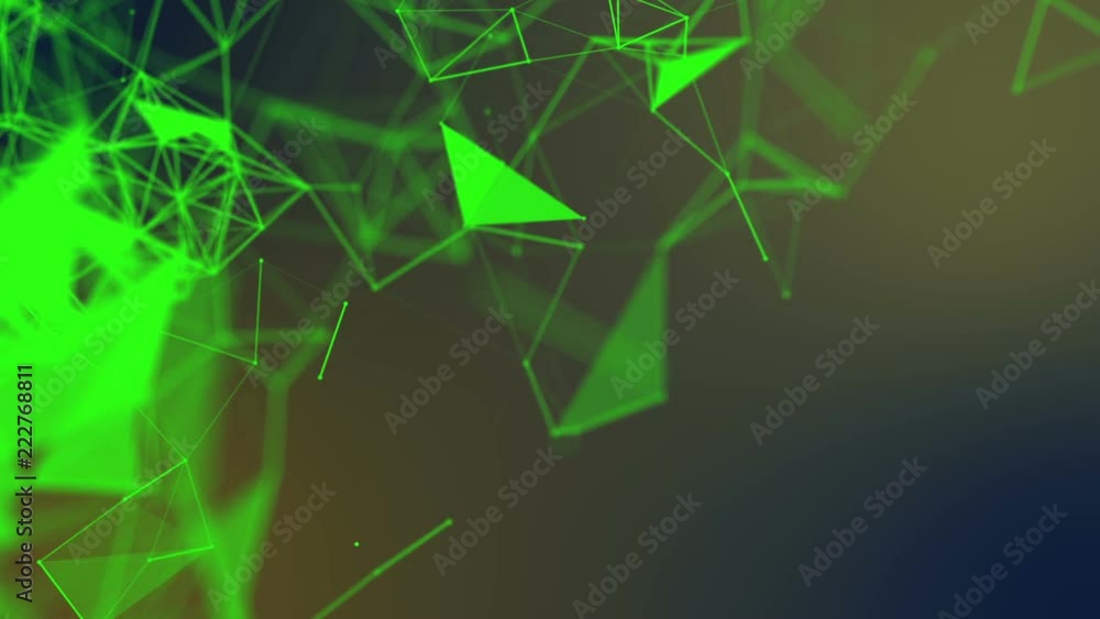 Poster green triangles and particles move slowly. abstract background 3d rendering. depth of field blur