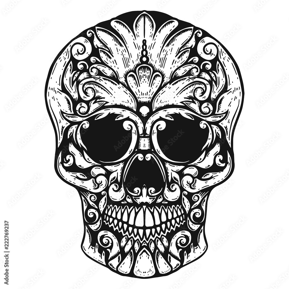 Wall mural hand drawn human skull made floral shapes. design element for poster, t shirt.