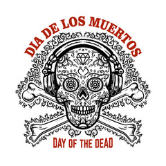 mexican sugar skull with headphones and crossbones. DAY OF THE DEAD. Design element for poster, greeting card, banner, t shirt, flyer, emblem.