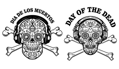 Set of mexican sugar skull with headphones and crossbones. DAY OF THE DEAD. Design element for poster, greeting card, banner, t shirt, flyer, emblem.