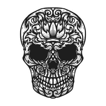 Hand Drawn Human Skull Made floral shapes. Design element for poster, t shirt.