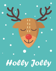 Vector illustration of cute deer surrounded with snow on background. Christmas card concept. Holly Jolly.