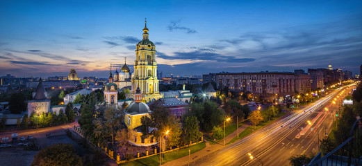 Aerial panorama of Moscow with Novospassky Monastery at dusk, Moscow, Russia