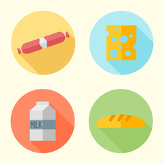 Food flat design round icons with long shadow