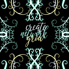 create network grow glowing yellow and green hand lettering inscription, calligraphy beautiful raster illustration