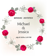 Wedding invitation. Flowers. Red roses. Floral background. Leaves. Buds. Frame. Plant pattern.