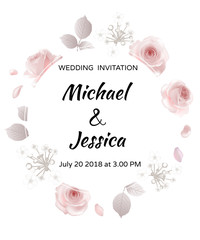 Wedding invitation. Flowers. Roses. Floral background. Leaves. Buds. Pink. Frame. Plant pattern.