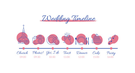 Wedding timeline infographics. Vector illustration with icons on wedding theme isolated on white background.