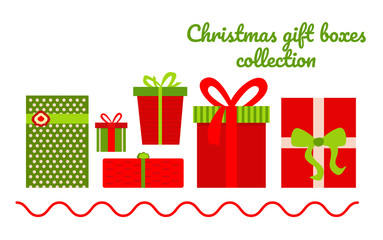 Set of colorful Christmas gift boxes with bows and ribbons isolated on white background. Vector illustration with elements and icons.