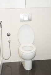 White toilet bowl in modern bathroom.