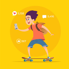 Young boy blogger rides on skateboard and shoots video or streams online © Vector_Vision