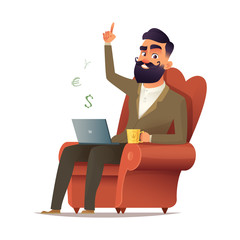 Freelancer site in a chair and earn money. Home office workplace. Hipster bearded freelancer working remotely from his laptop. Vector illustration in cartoon style.