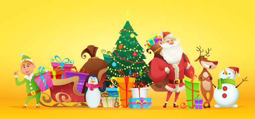 Christmas collection of characters. Santa and other New Year characters around the Christmas tree. Vector illustration