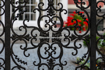 Fototapeta na wymiar Decorative courtyard gates made of metal.