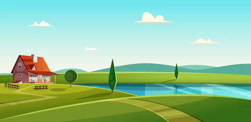Poster Im Rahmen Ländliche Landschaft mit Häuschen am See. Landhaus am Seeufer. Ackerland-Vektor-Illustration © Vector_Vision
