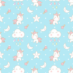 Cute little unicorn decorated with cloud, moon and star seamless pattern on light blue background with polka dot.