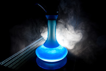 beautiful blue hookah in the smoke