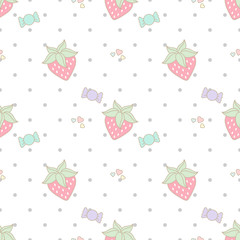 Cute strawberry with candy and heart seamless pattern on gray polka dot and white background in pastel.