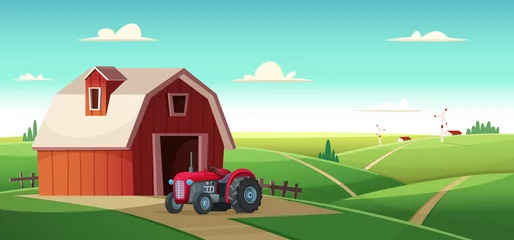  Colorful countryside landscape with a barn and tractor on the hill. Rural location. Cartoon modern vector illustration © Vector_Vision