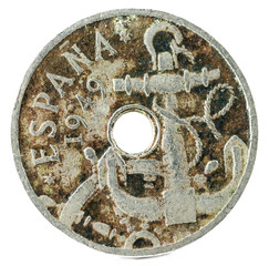 Old Spanish coin of 50 Centimos. Nickel. Francisco Franco. Year 1949, 19 51 in the stars. Obverse.