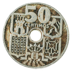 Old Spanish coin of 50 Centimos. Nickel. Francisco Franco. Year 1949, 19 51 in the stars. Reverse.
