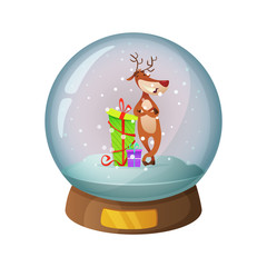 Cartoon snow glass globe with Christmas deer inside. Vector illustration