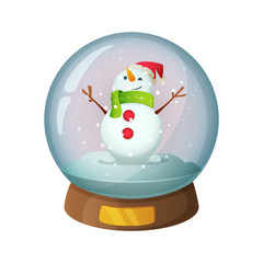 Cartoon snow glass globe with Christmas snowman inside. Vector illustration