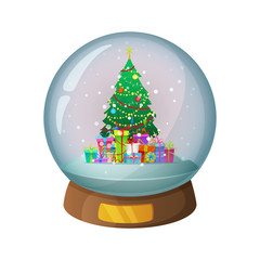 Cartoon snow glass globe with Christmas tree inside. Vector illustration