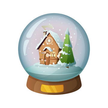 Cartoon snow glass globe with Christmas house inside. Vector illustration